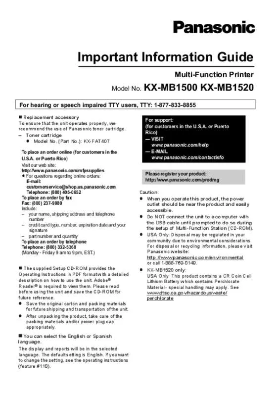 Mode d'emploi PANASONIC KXMB1500