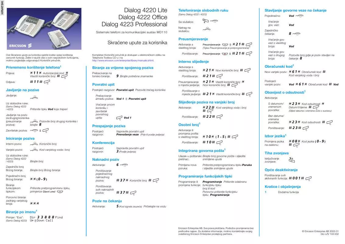 Mode d'emploi ERICSSON DIALOG 4222 OFFICE