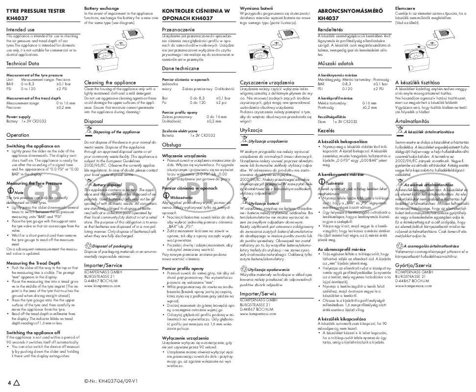 Mode d'emploi KOMPERNASS KH 4037 TYRE PRESSURE GAUGE