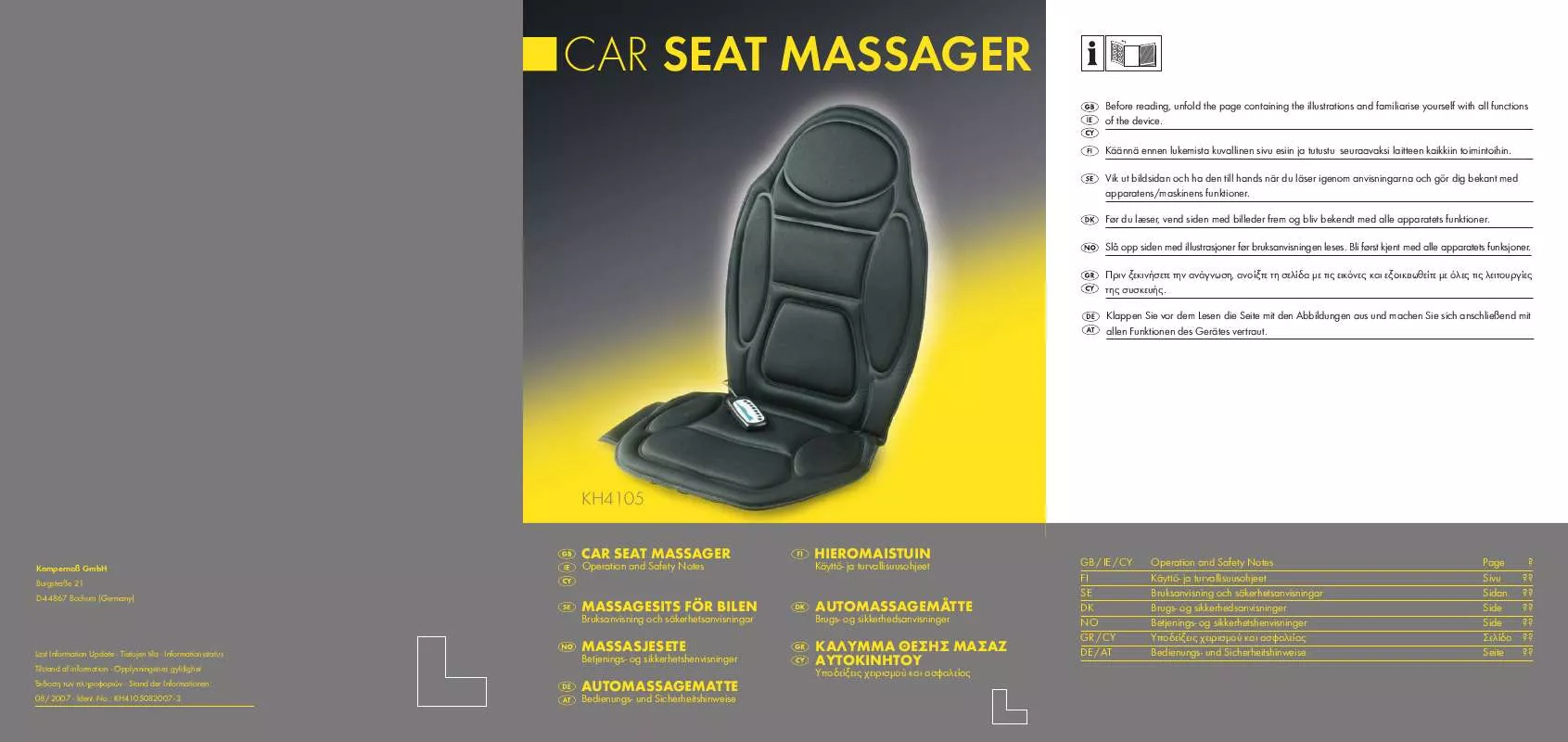 Mode d'emploi KOMPERNASS KH 4105 CAR MASSAGE MAT