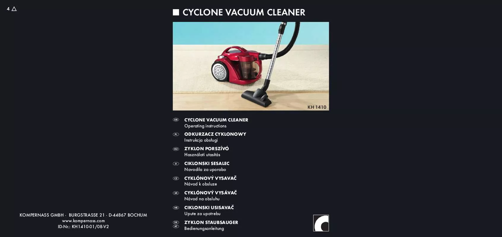 Mode d'emploi LERVIA KH 1410 CYCLONE VACUUM CLEANER