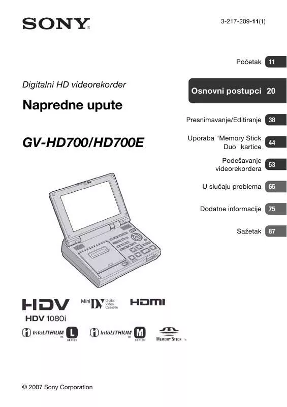 Mode d'emploi SONY GV-HD700